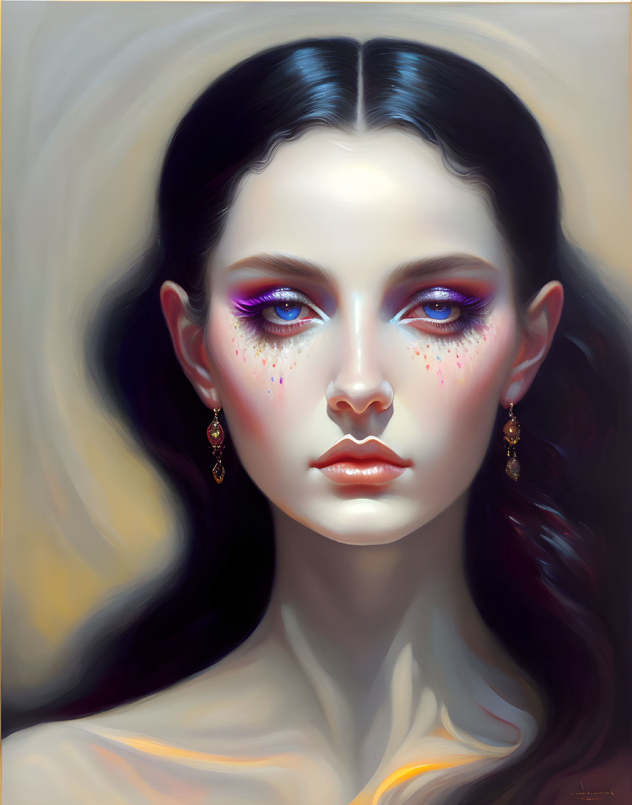 Portrait of woman with blue eyes, dark hair, pink makeup, and teardrop jewels on light