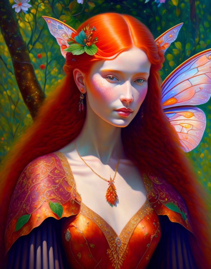 Fantasy illustration of red-haired fairy with wings and ornate dress