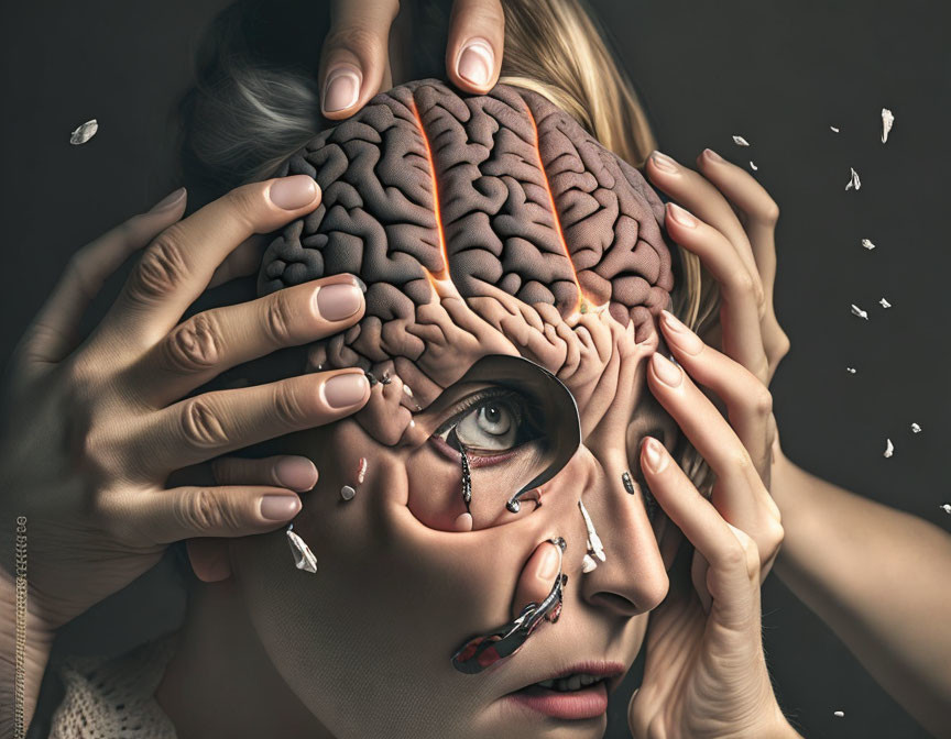 Surreal artwork: person with human brain puzzle pieces around face