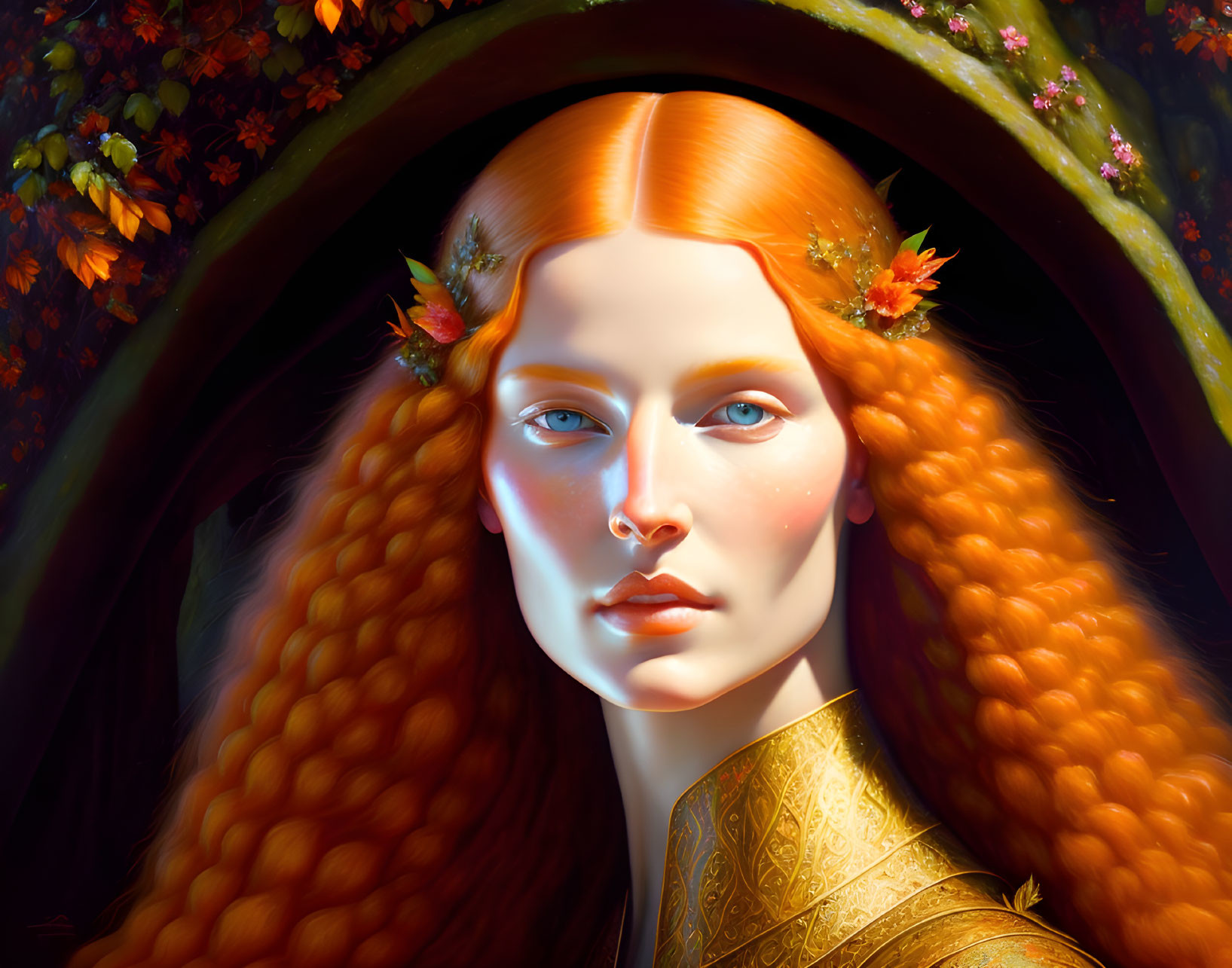 Digital painting of woman with red hair, blue eyes, and autumn leaves in warm fall setting