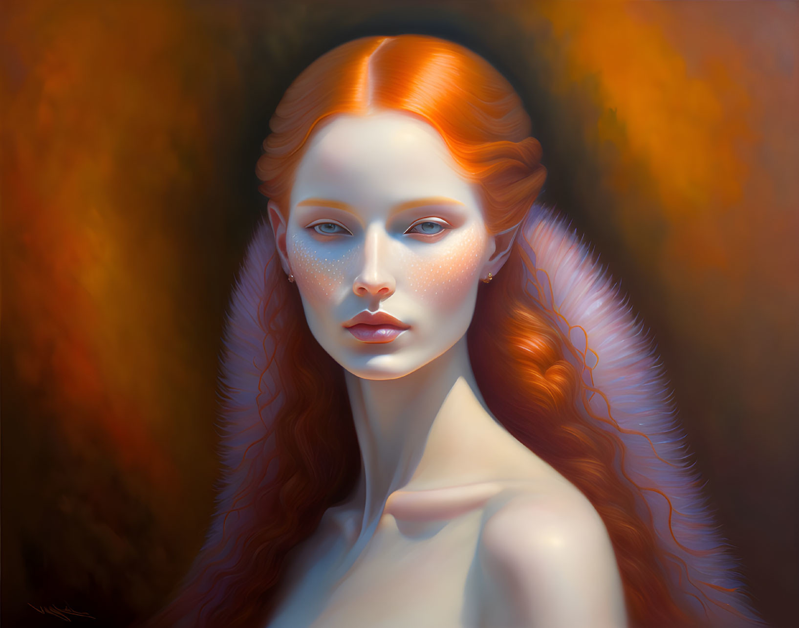 Digital painting of woman with red hair against fiery autumn backdrop