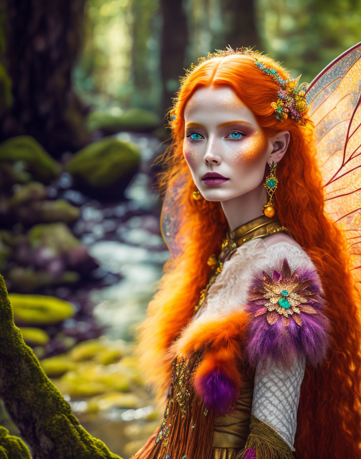 Vibrant red-haired woman with fairy wings in enchanted forest