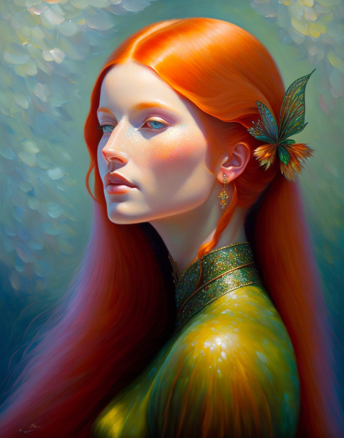 Illustration of woman with red hair and butterfly, in green-gold attire, on soft background.