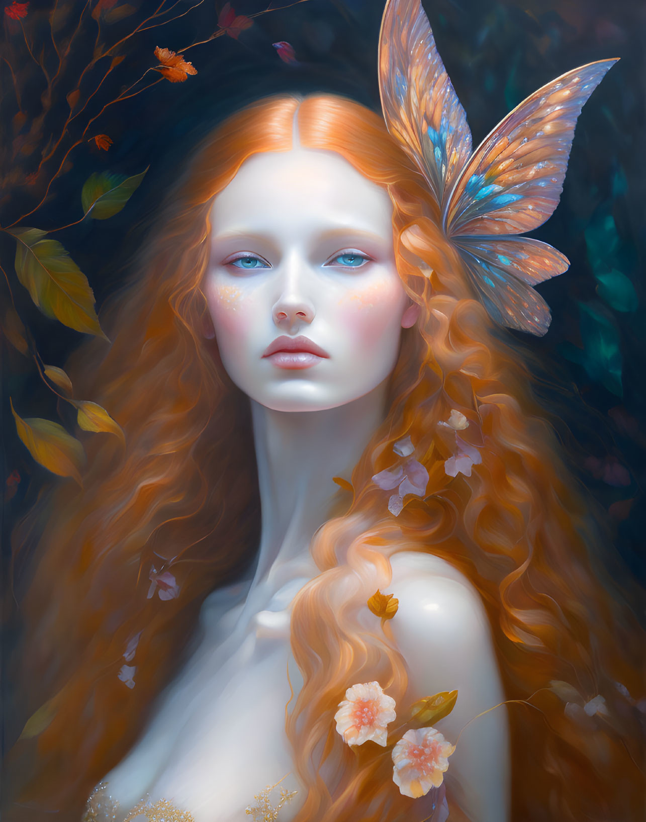 Surreal painting of woman with orange hair and butterfly wings, surrounded by autumn leaves on blue background