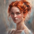 Portrait of young woman with angelic wings and red hair.