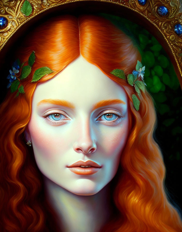 Portrait of Woman with Red Hair, Blue Eyes, and Golden Headpiece