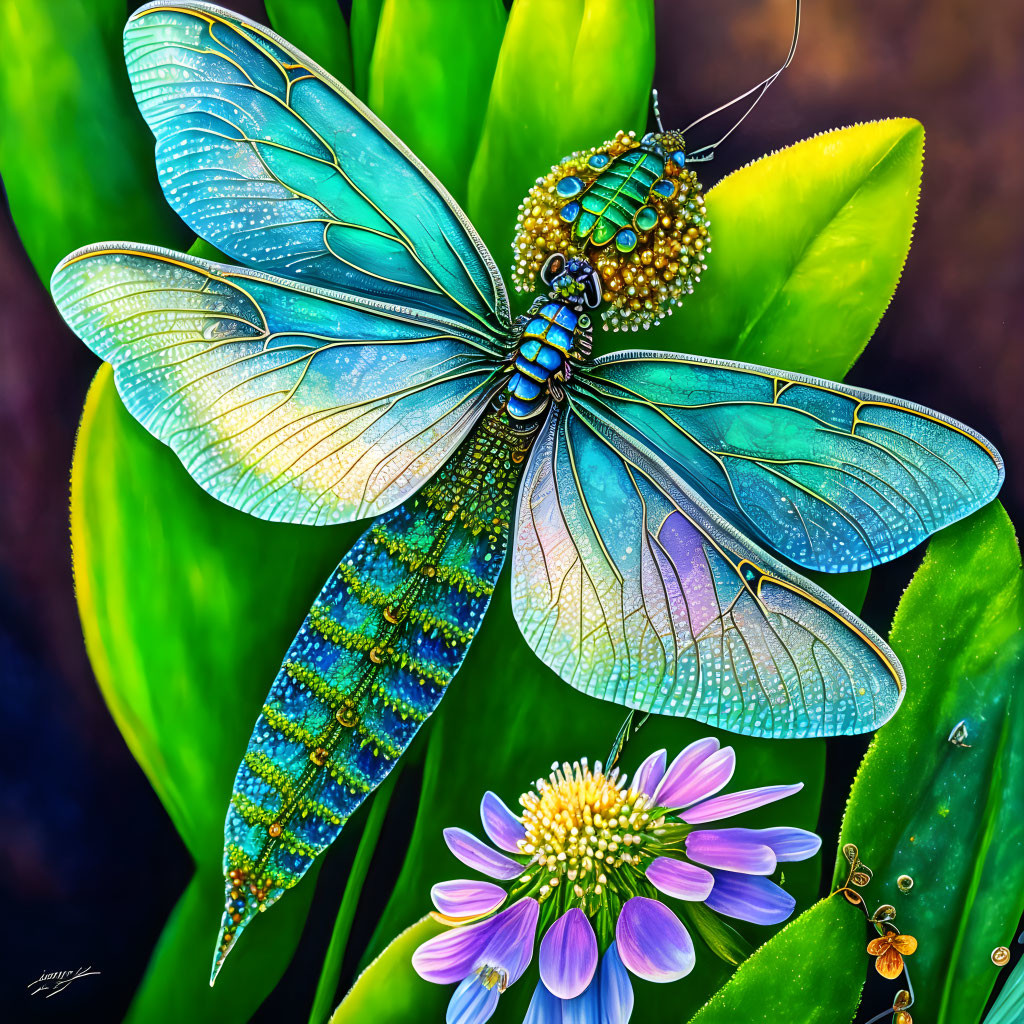 Detailed digital artwork of blue dragonfly on green foliage with purple flowers.