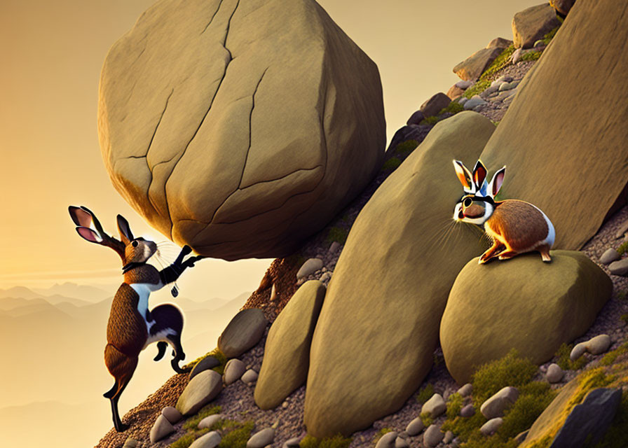 Anthropomorphic rabbits in mountain landscape with one pushing boulder