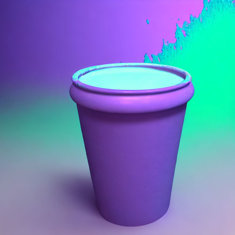 Purple paper cup on purple and green gradient background with liquid splash.