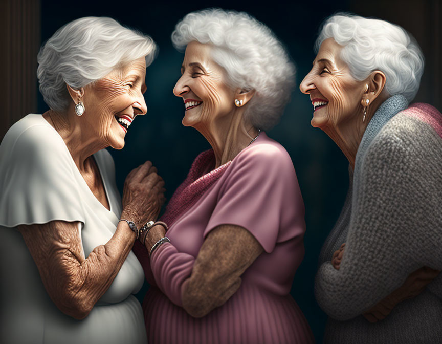 Three elderly women smiling and embracing in a moment of joy