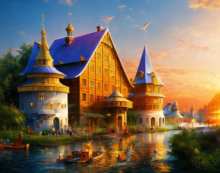 Fantasy-inspired architecture with blue pointed roofs by a busy river at sunset