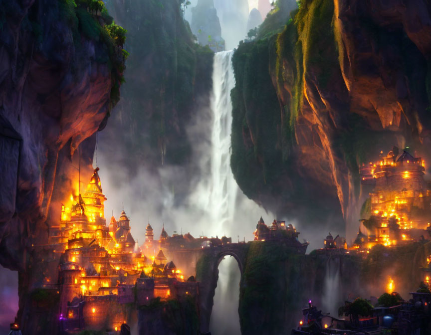 Fantasy landscape with illuminated city, cliffs, and waterfall at dusk