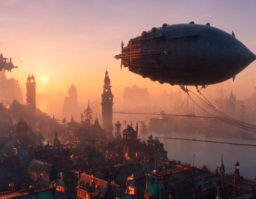 Steampunk cityscape with large airship at sunrise