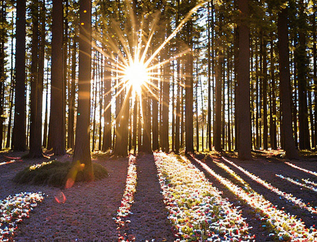 Sunburst illuminates colorful flowers in dense pine forest