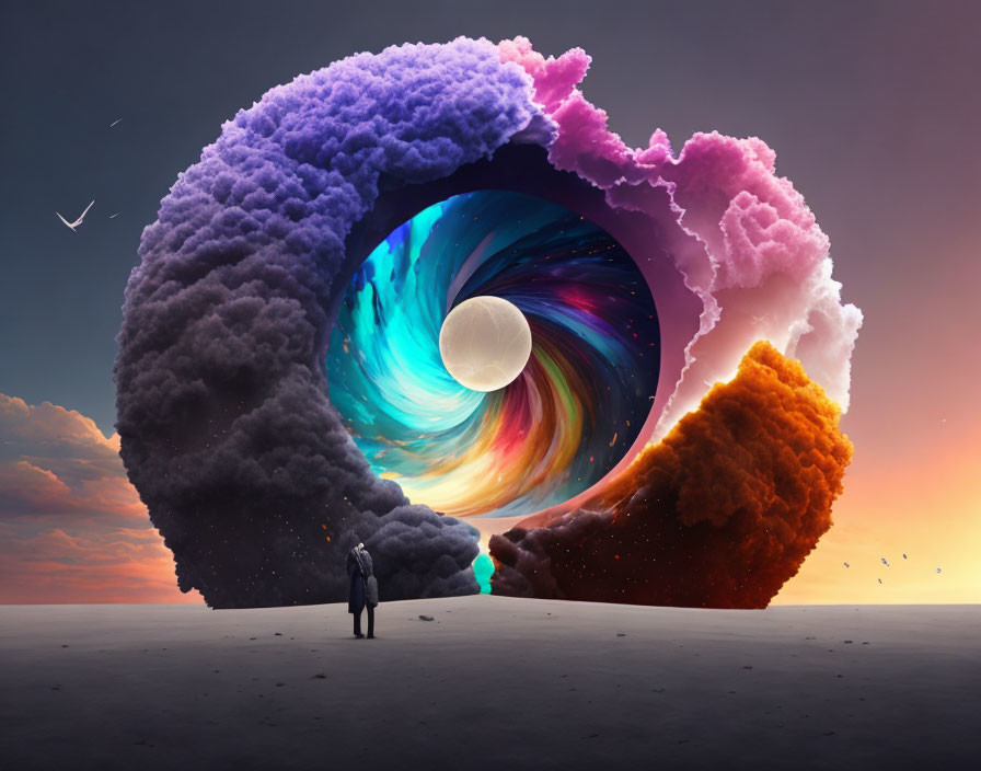 Person observing swirling colorful portal with birds in the sky