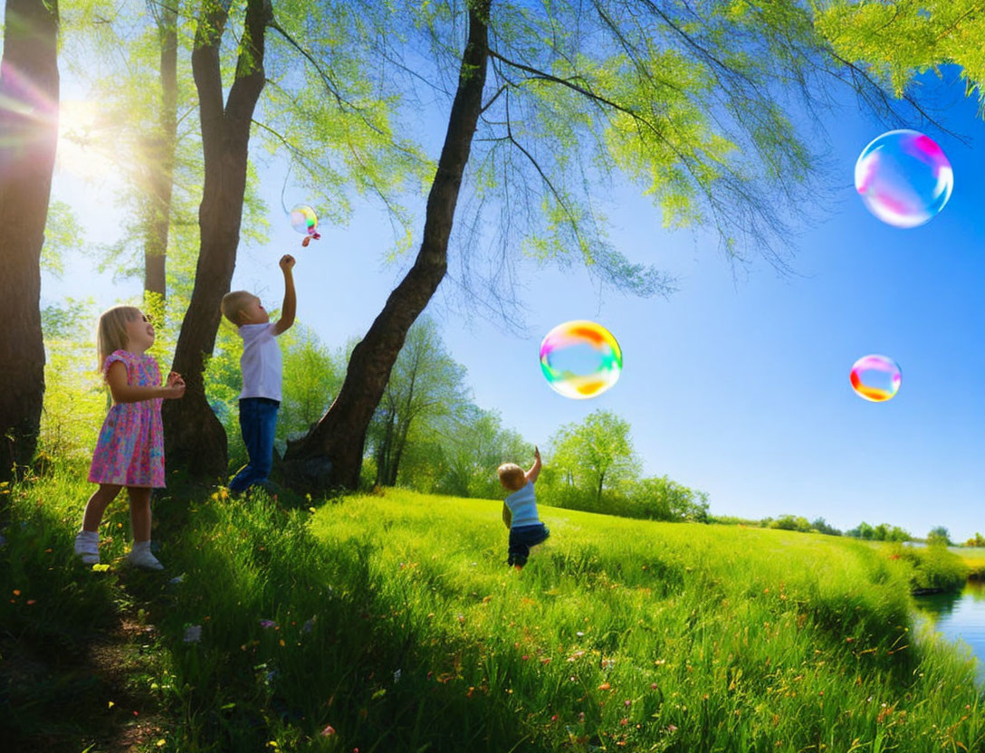 Kids playing with bubbles in sunny park with trees and blue sky.