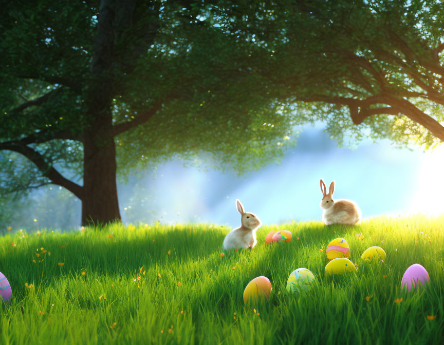 Colorful Easter Eggs Surround Two Rabbits in Meadow