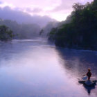 Tranquil river scene at dawn with mist, forest, and soft sunlight