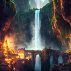 Fantasy landscape with illuminated city, cliffs, and waterfall at dusk