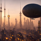 Steampunk cityscape with large airship at sunrise