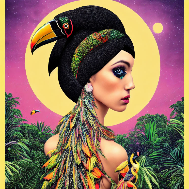 Vibrant artwork of woman with toucan, tropical setting