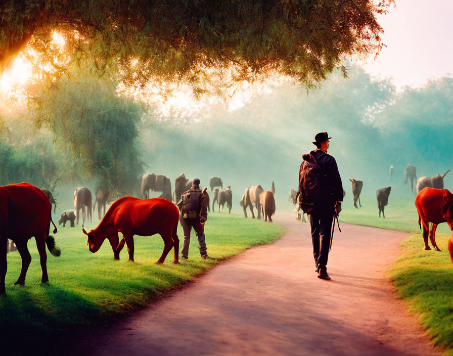 Person walking on sunlit path with grazing cattle and misty golden glow.