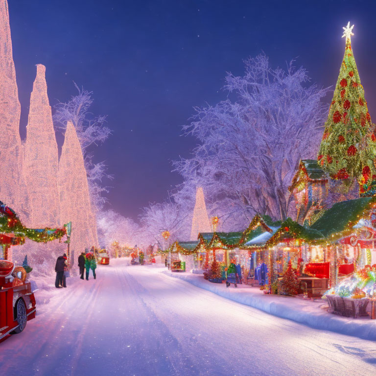 Night Market with Christmas Decorations and Snow-Covered Trees