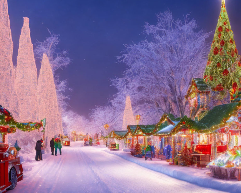 Night Market with Christmas Decorations and Snow-Covered Trees