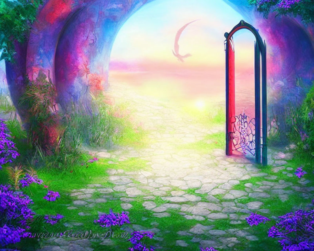 Fantasy landscape with cobblestone path, archway, flowers, door, and colorful sky