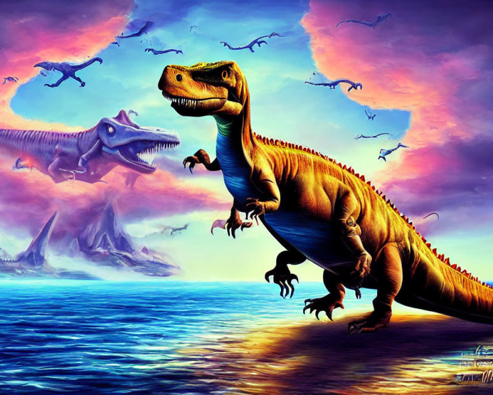 Colorful dinosaur scene with mountains, boat, and flying reptiles