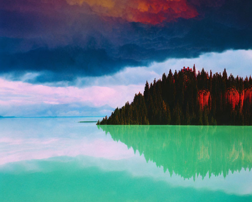 Fiery sky reflected in turquoise lake with dark tree silhouette