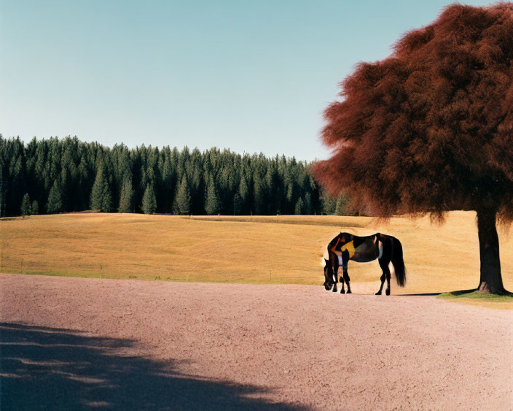 Two horses under red-leaved tree on green field with clear sky.