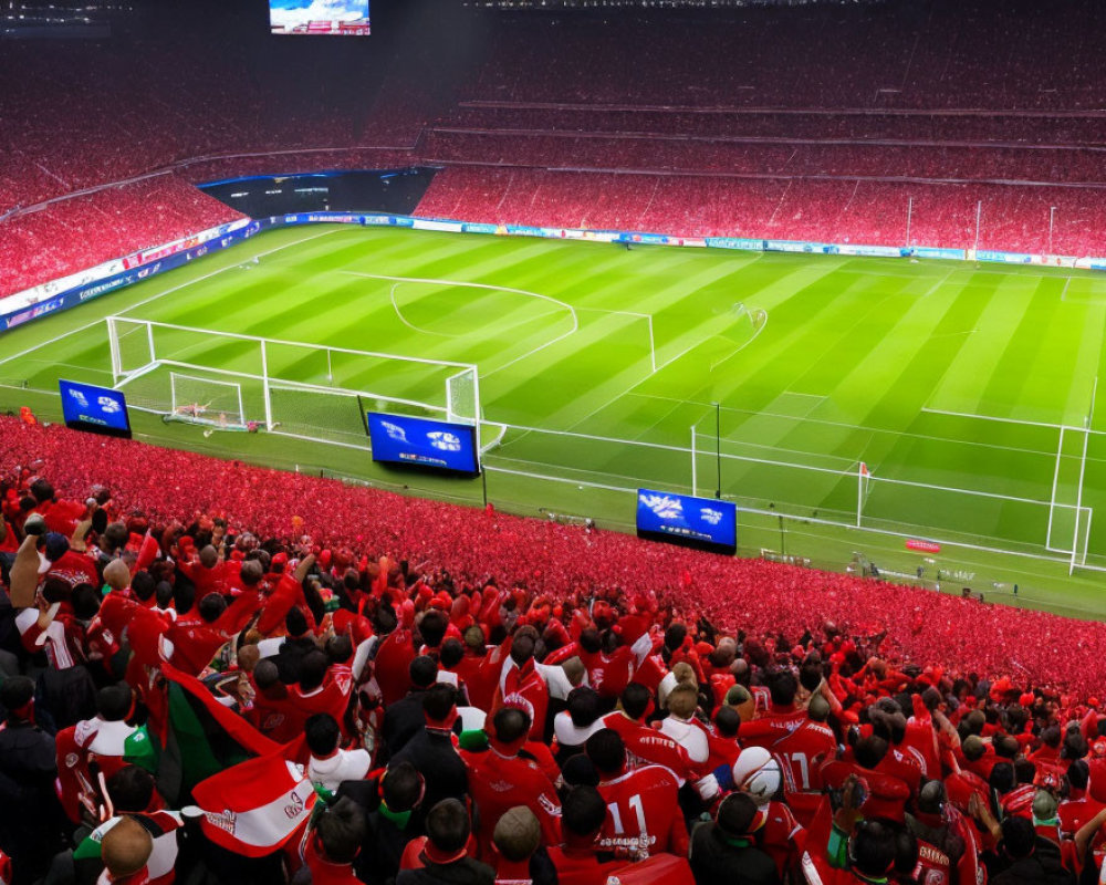 Spectators in red cheer at night soccer match with players and scoreboards