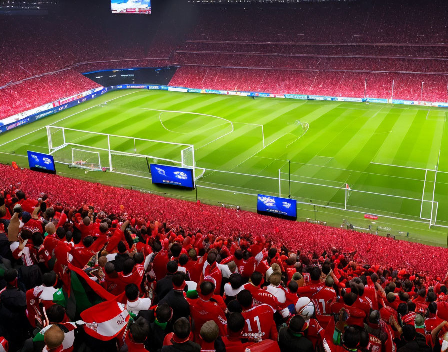 Spectators in red cheer at night soccer match with players and scoreboards