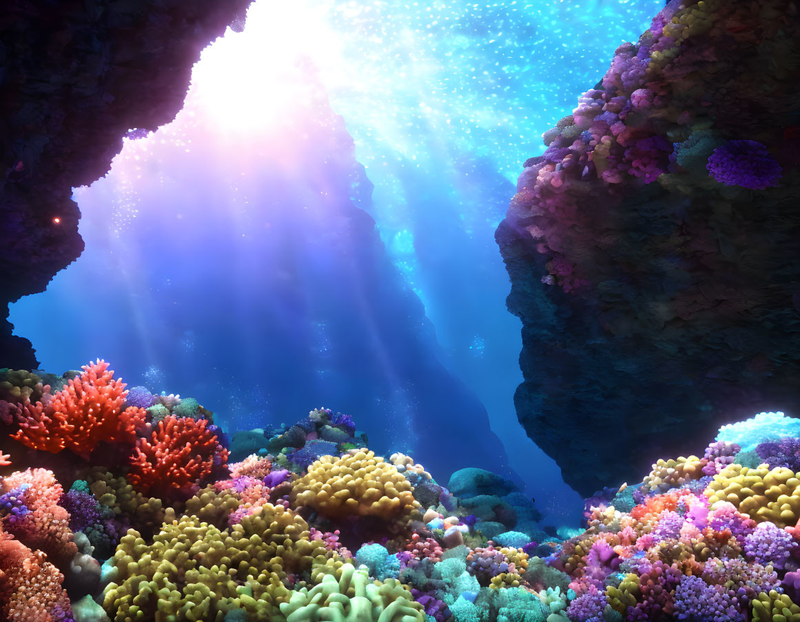 Colorful Coral Reefs in Sunlit Underwater Cavern