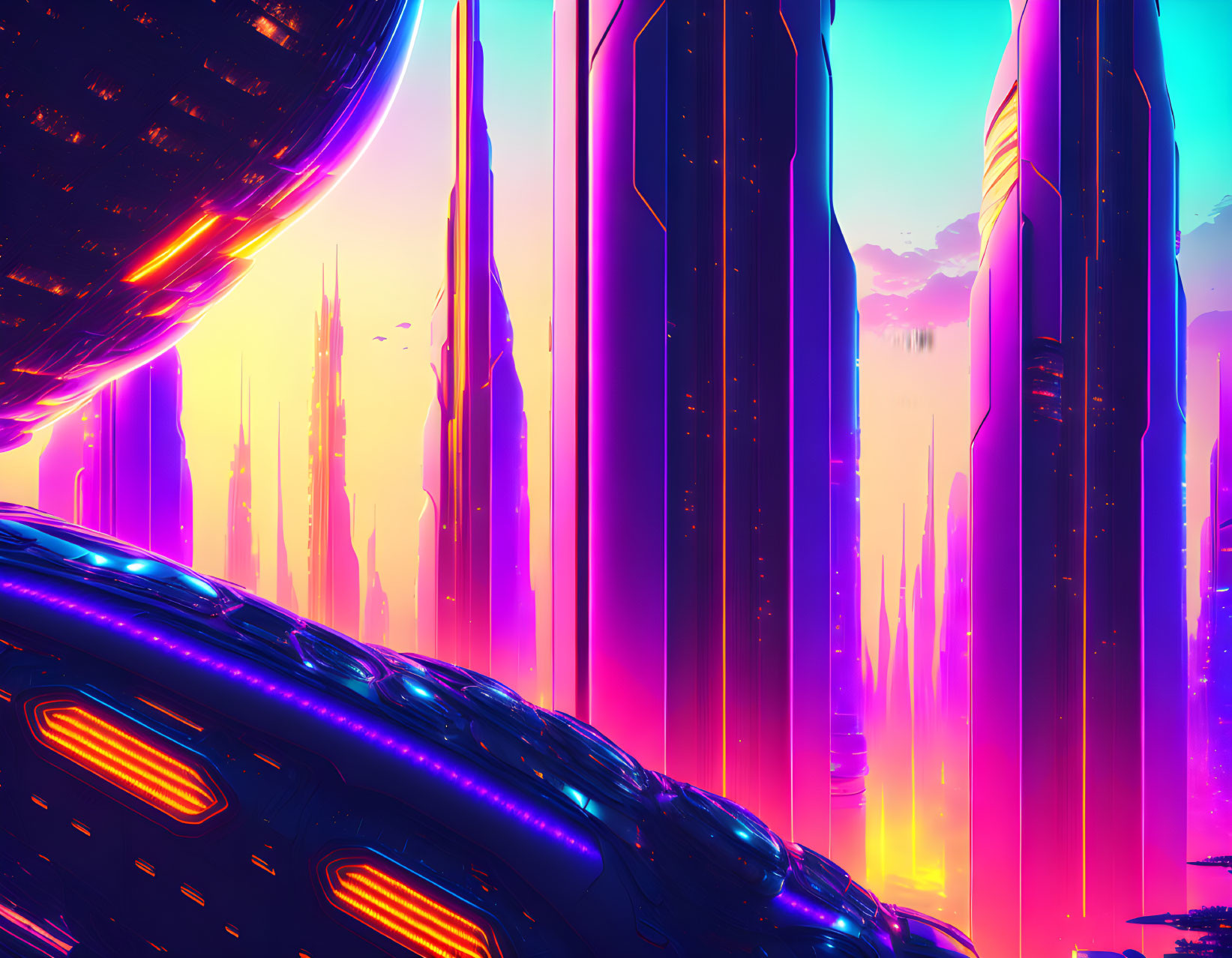 Futuristic cityscape with neon skyscrapers and flying vehicle