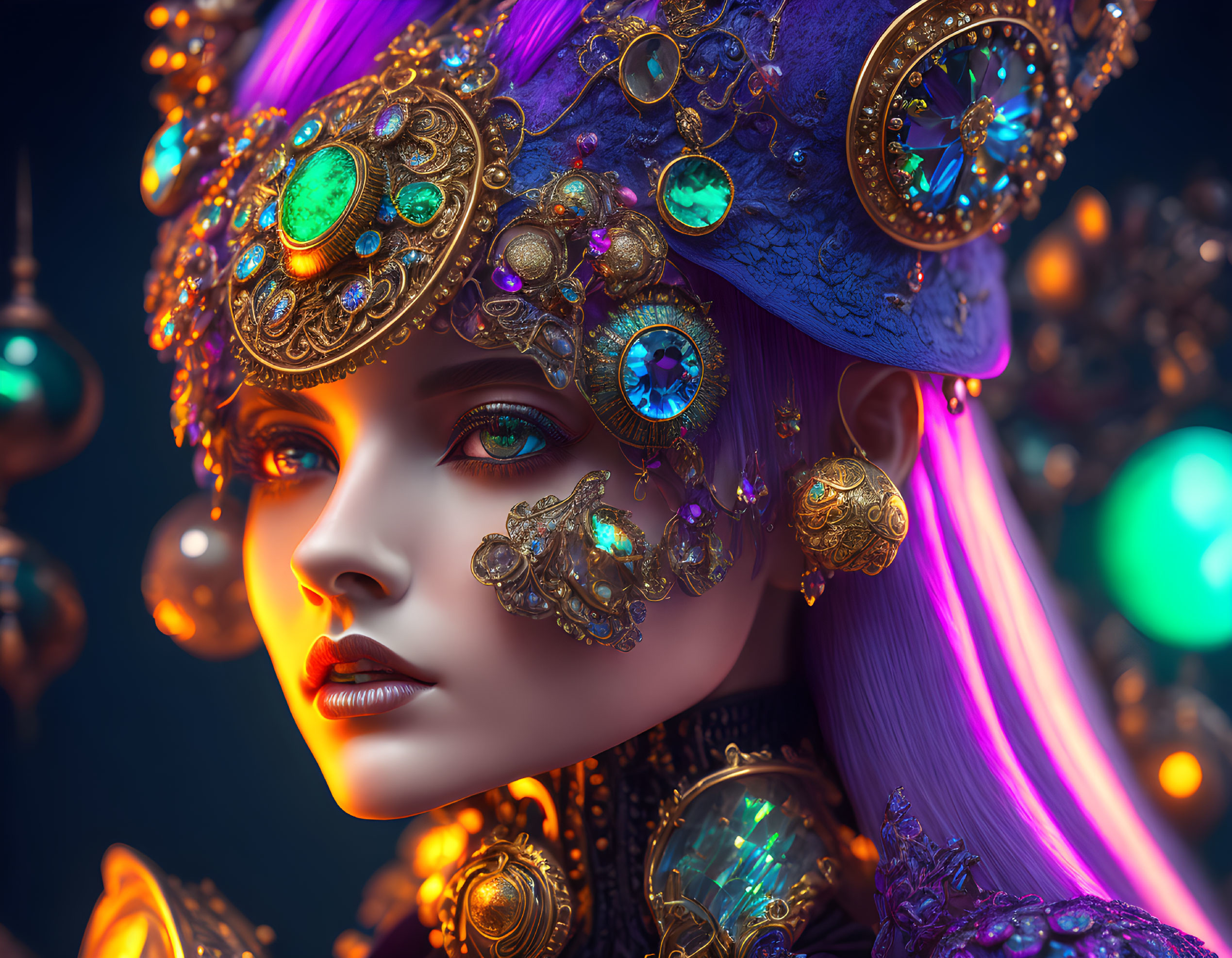 Digital portrait of woman with purple hair and ornate gold headdress against glowing orbs.