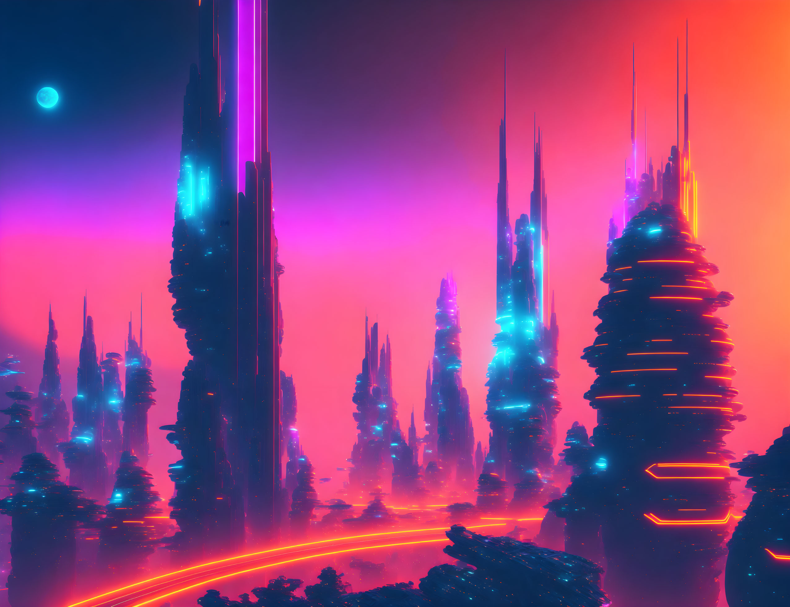 Futuristic neon-lit cityscape with towering skyscrapers at night