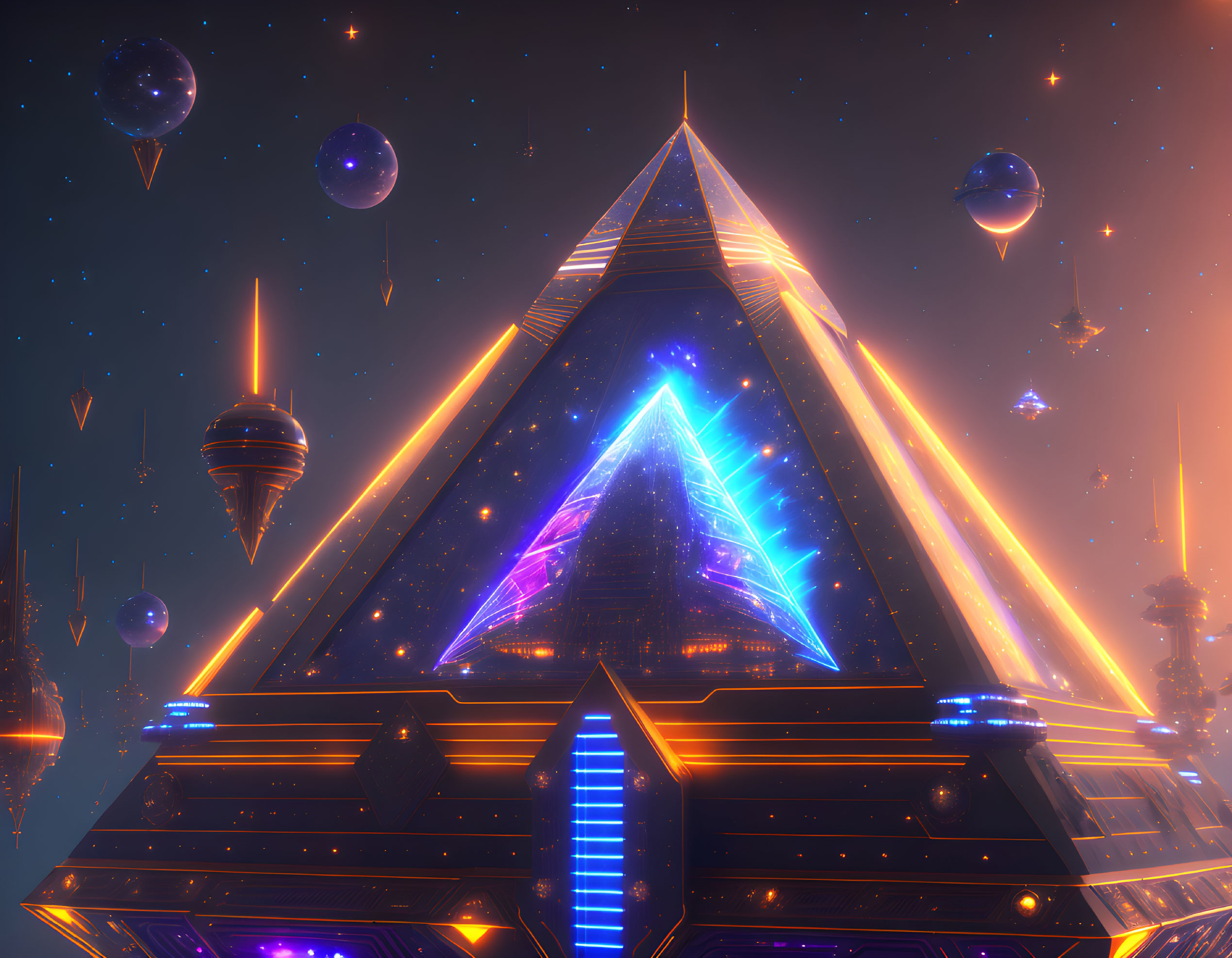 Futuristic pyramid structure under starry sky with glowing edges