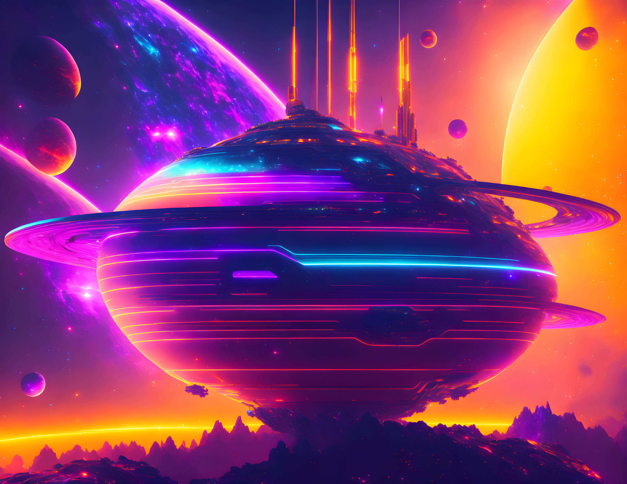 Futuristic spaceship over alien landscape in vibrant sci-fi scene