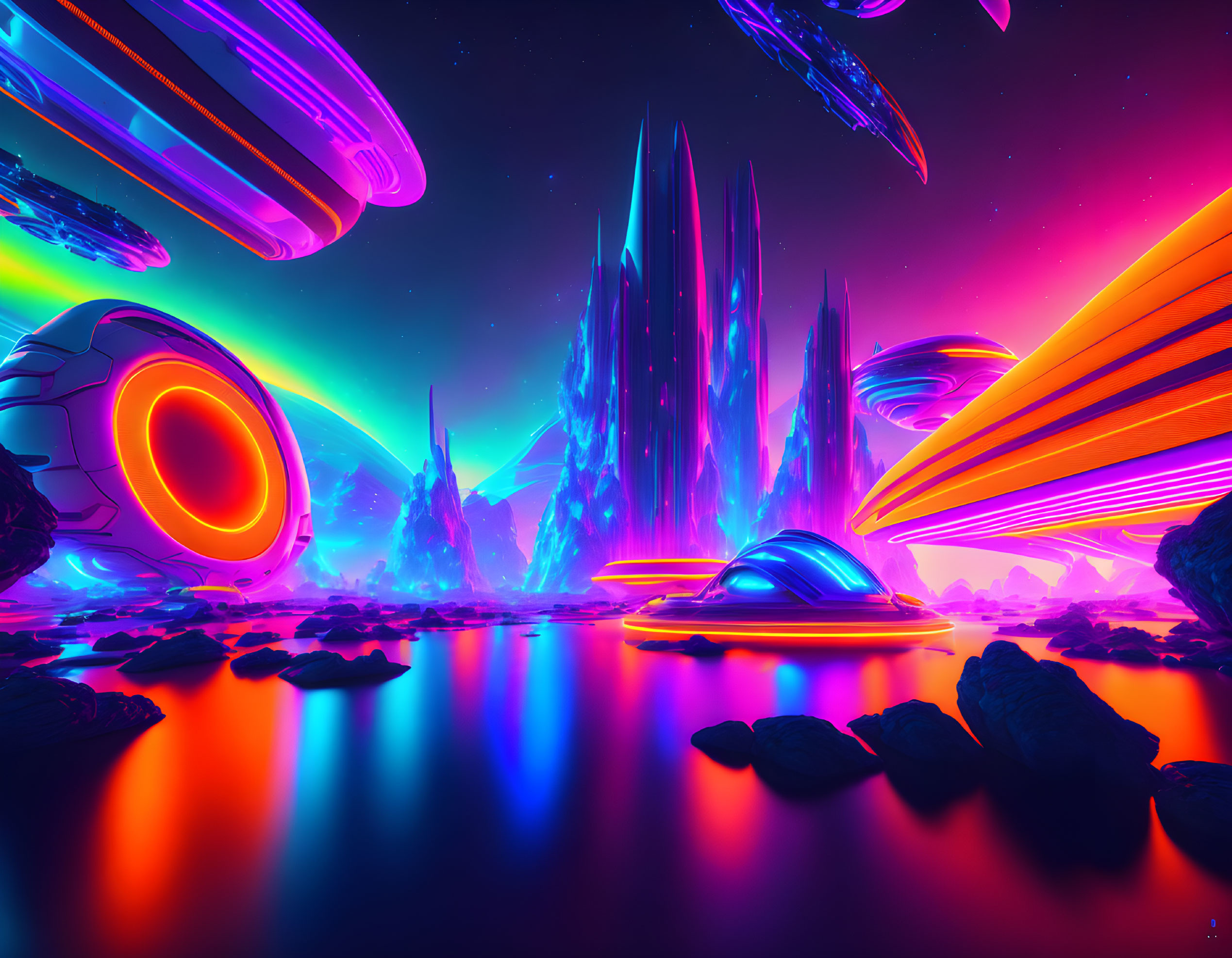 Futuristic sci-fi landscape with neon colors and spacecraft.