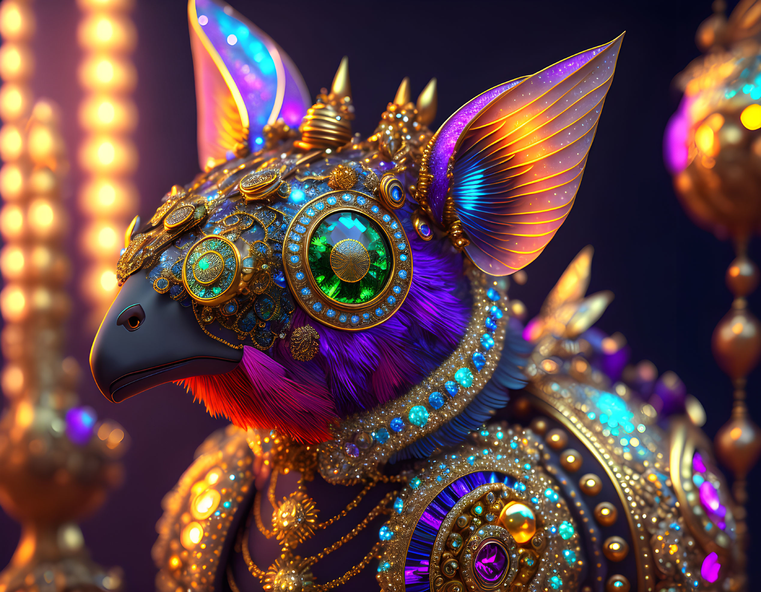 Steampunk-inspired bird with mechanical features and golden embellishments