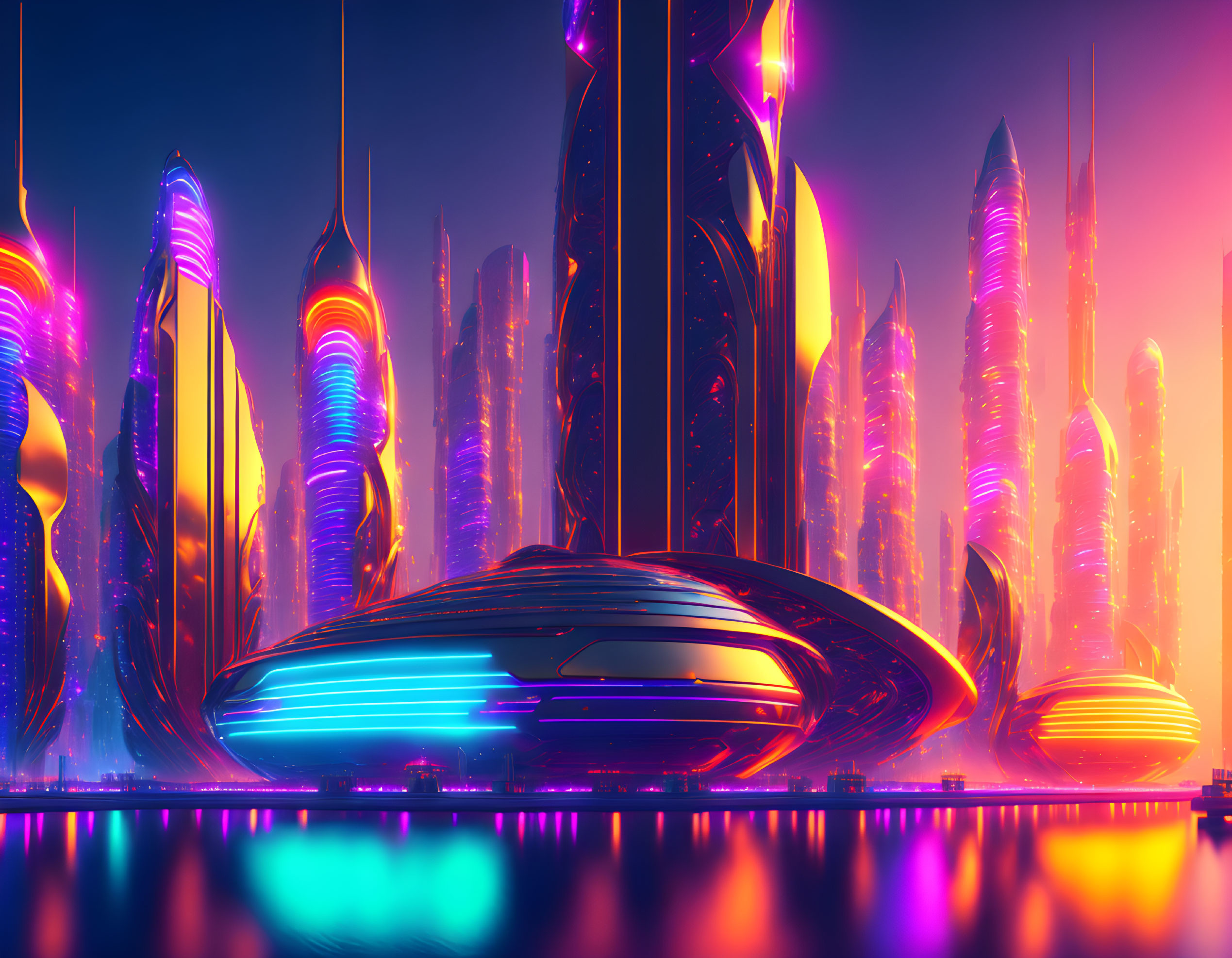 Futuristic cityscape with neon lights and skyscrapers reflected in water