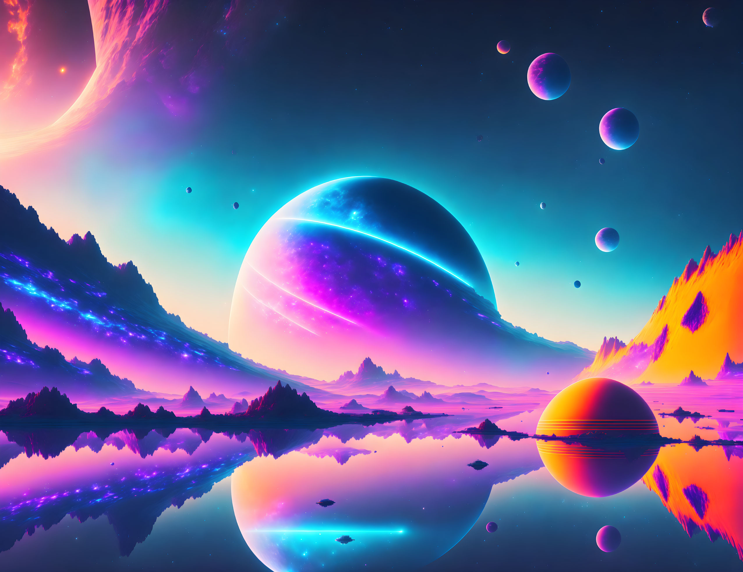 Colorful Sci-Fi Landscape with Large Planet and Moons