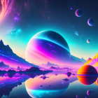 Colorful Sci-Fi Landscape with Large Planet and Moons