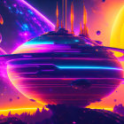 Futuristic spaceship over alien landscape in vibrant sci-fi scene