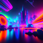 Futuristic sci-fi landscape with neon colors and spacecraft.