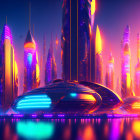 Futuristic cityscape with neon lights and skyscrapers reflected in water