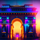 Vibrant digital artwork: Arc de Triomphe with neon lighting in futuristic Paris.