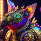 Steampunk-inspired bird with mechanical features and golden embellishments